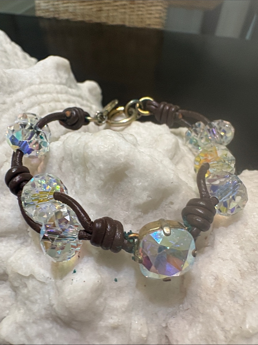 Rare Victoria Lynn Brown Leather Bracelet with Iridescent AB Crystal Beads small